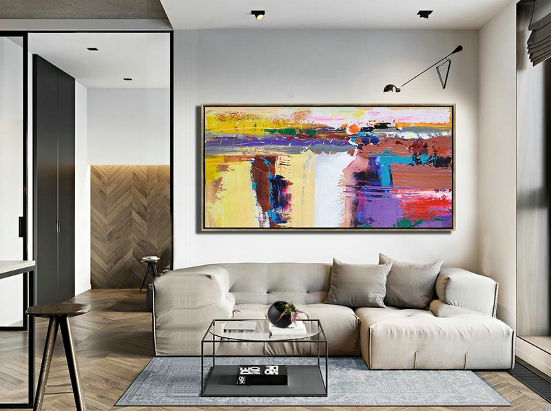 Extra Large Acrylic Painting On Canvas,Horizontal Palette Knife Contemporary Art Panoramic Canvas Painting,Living Room Canvas Art,Yellow,White,Brown,Purple.etc